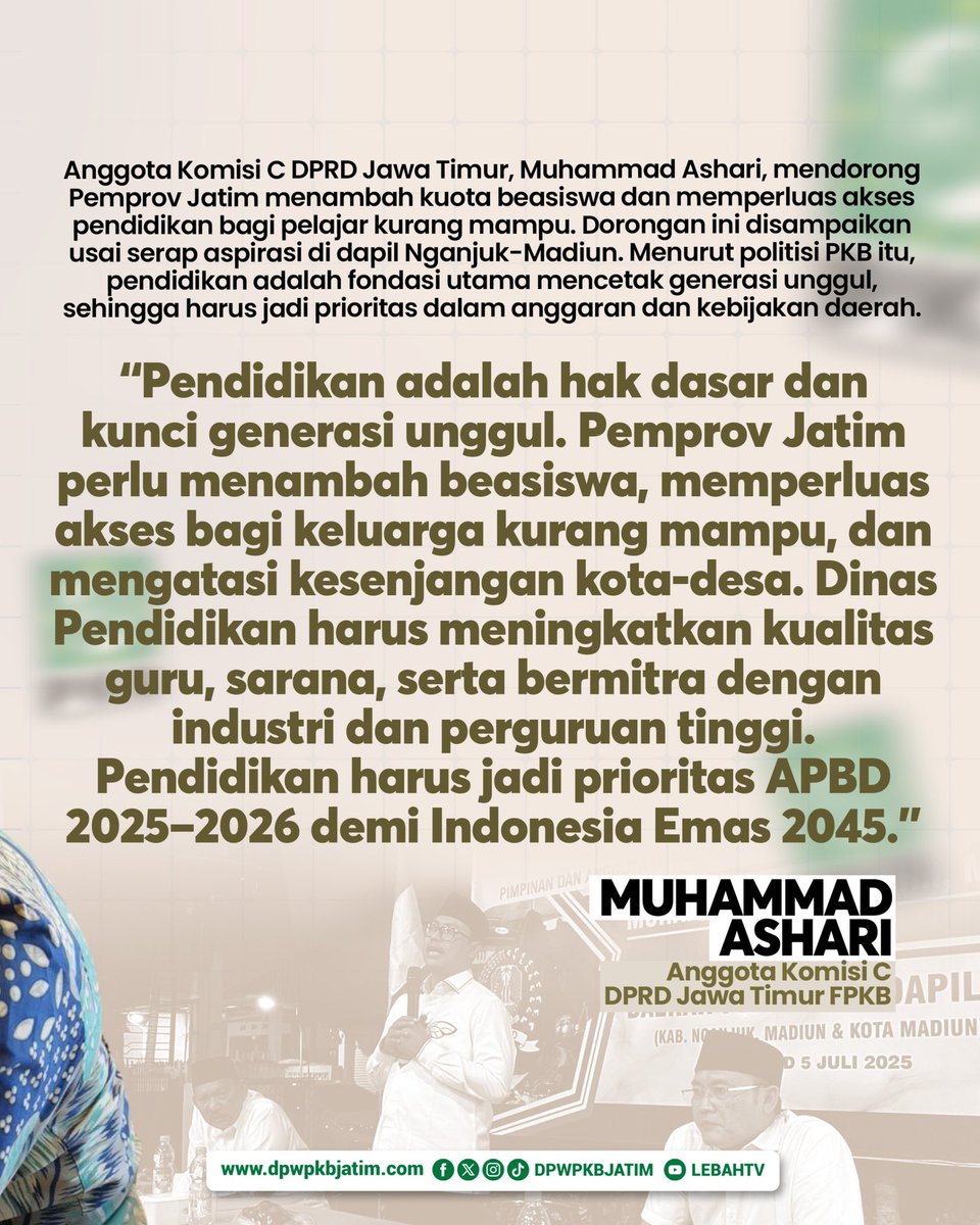 dpwpkbjatim_'s tweet image. Muhammad Ashari, Anggota DPRD Jawa Timur mendorong penambahan kuota beasiswa dan pemerataan akses pendidikan sebagai prioritas menuju Indonesia Emas 2045.

#ashari #beasiswa #LebahJatim #PKB #DPWPKBJatim #RakyatJatim #Ijo #PKBJatim #JatimBangkit #JatimMaju #PKBUntukRakyat