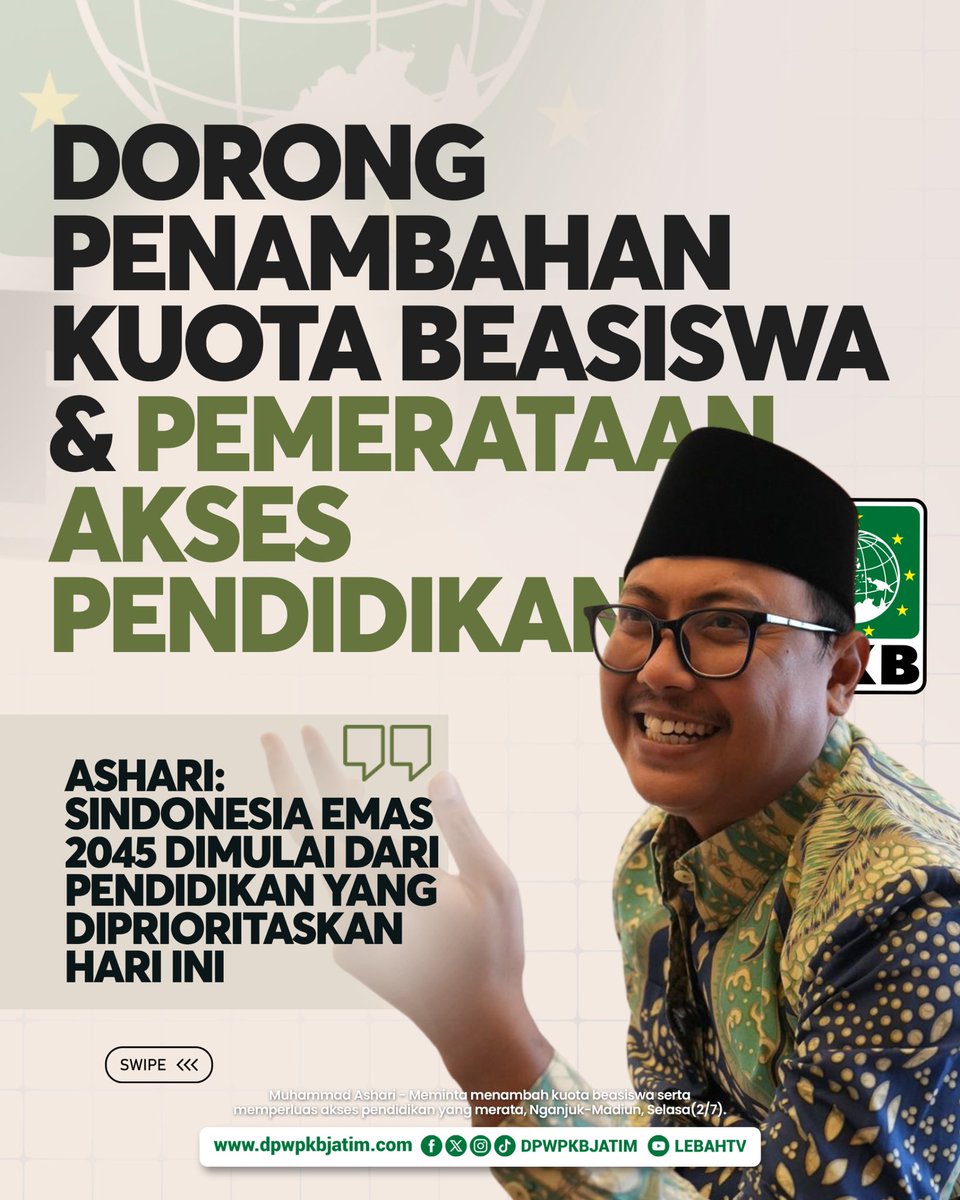 dpwpkbjatim_'s tweet image. Muhammad Ashari, Anggota DPRD Jawa Timur mendorong penambahan kuota beasiswa dan pemerataan akses pendidikan sebagai prioritas menuju Indonesia Emas 2045.

#ashari #beasiswa #LebahJatim #PKB #DPWPKBJatim #RakyatJatim #Ijo #PKBJatim #JatimBangkit #JatimMaju #PKBUntukRakyat