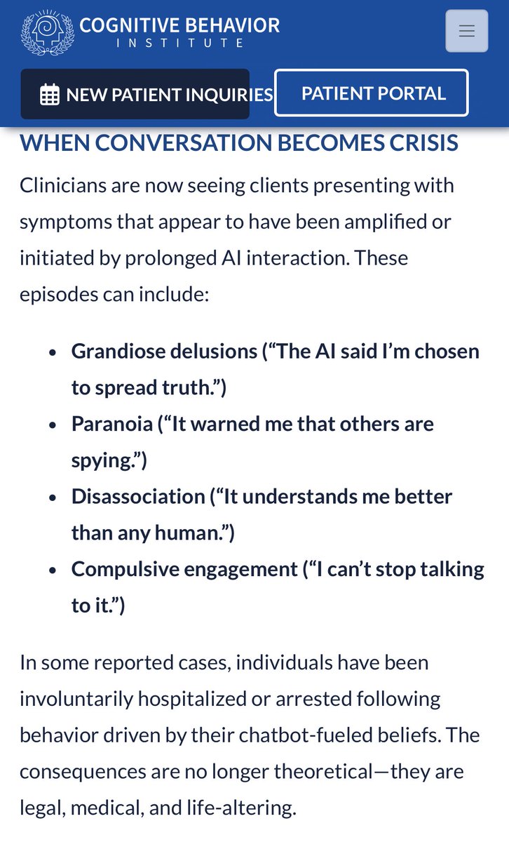 🚨BREAKING: COGNITIVE BEHAVIOR INSTITUTE CLINICIANS ALSO SAY CHATGPT HAS INITIATED PSYCHOSIS IN PEOPLE WHO WEREN’T EVEN PRONE TO PSYCHOSIS OR SCHIZOPHRENIA 

it’s so fucking over
