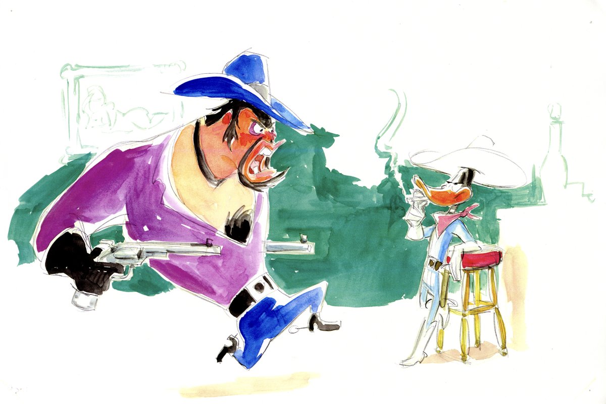 In this rough concept piece, Daffy Duck is calm as a cucumber facing off against Nasty Canasta, from the episode “The Wrath of Canasta” of “Duck Dodgers,” 2003. #DuckDodgers #LooneyTunes #DaffyDuck #conceptart