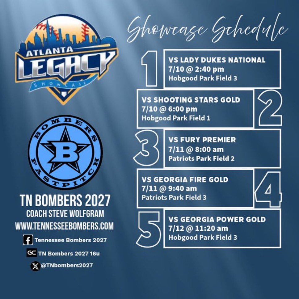 ATLANTA LEGACY SHOWCASE💙🩵💙
Schedule⬇️⬇️

<a href="/TNbombers2027/">Tennessee Bombers 2027</a> is ready to play some softball after a weekend off!! Hope everyone had a great 4th of July!!