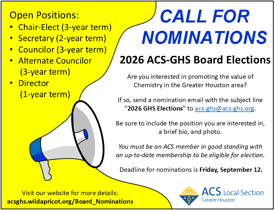 ACSGHS's tweet photo. Interested in promoting the value of Chemistry in the Greater Houston area? Then we encourage you to submit your nomination to be a member of the 2026 ACS-GHS Board. Details at https://t.co/pqRx74OpY5. https://t.co/5tzVOM63oS