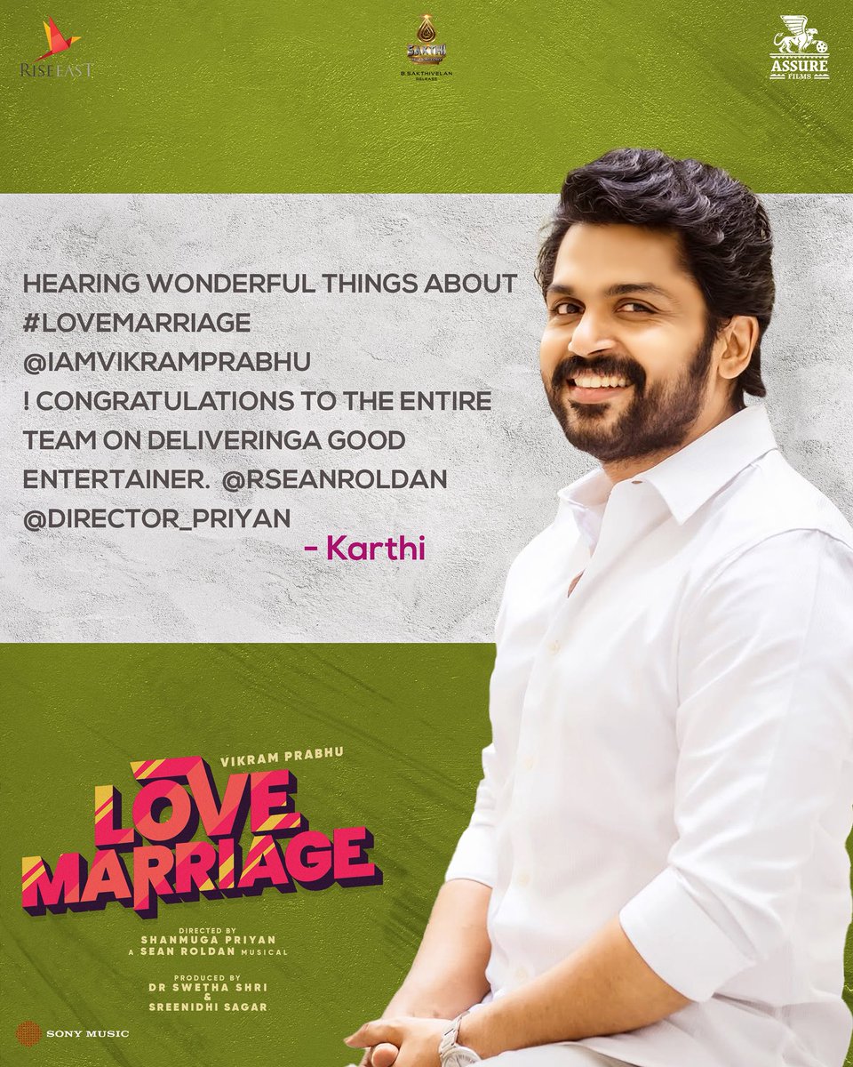 Assure Films (@assurefilms) on Twitter photo Thank you so much <a href="/Karthi_Offl/">Karthi</a> sir 🤗❤️
Your immense support truly means the world to our #LoveMarriage team !!
Directed by <a href="/Director_Priyan/">shanmuga priyan</a> 🎬
A <a href="/RSeanRoldan/">Sean Roldan</a> musical 🎶
<a href="/iamVikramPrabhu/">Vikram Prabhu</a> <a href="/sush_bhat94/">Sushmitha Bhat</a> <a href="/Meenakshidine0/">Meenakshi Dinesh</a> <a href="/thilak_ramesh/">Ramesh Thilak</a> <a href="/barathvikraman/">Barath Vikraman</a>
<a href="/madhandop/">Madhan Christopher</a> <a href="/Lyricist_Mohan/">mohanrajan Lyricist</a> Thank you so much <a href="/Karthi_Offl/">Karthi</a> sir 🤗❤️
Your immense support truly means the world to our #LoveMarriage team !!
Directed by <a href="/Director_Priyan/">shanmuga priyan</a> 🎬
A <a href="/RSeanRoldan/">Sean Roldan</a> musical 🎶
<a href="/iamVikramPrabhu/">Vikram Prabhu</a> <a href="/sush_bhat94/">Sushmitha Bhat</a> <a href="/Meenakshidine0/">Meenakshi Dinesh</a> <a href="/thilak_ramesh/">Ramesh Thilak</a> <a href="/barathvikraman/">Barath Vikraman</a>
<a href="/madhandop/">Madhan Christopher</a> <a href="/Lyricist_Mohan/">mohanrajan Lyricist</a>