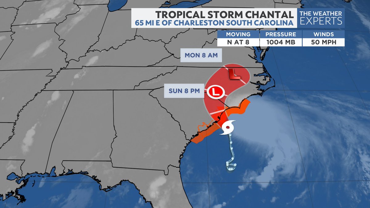 Tropical Storm Chantal is closing in on the SC coast with 50 mph winds. It will be over land Sunday daytime. 2 to 4 inches of rain is expected in Northern SC and Southern NC. Diane Kacmarik