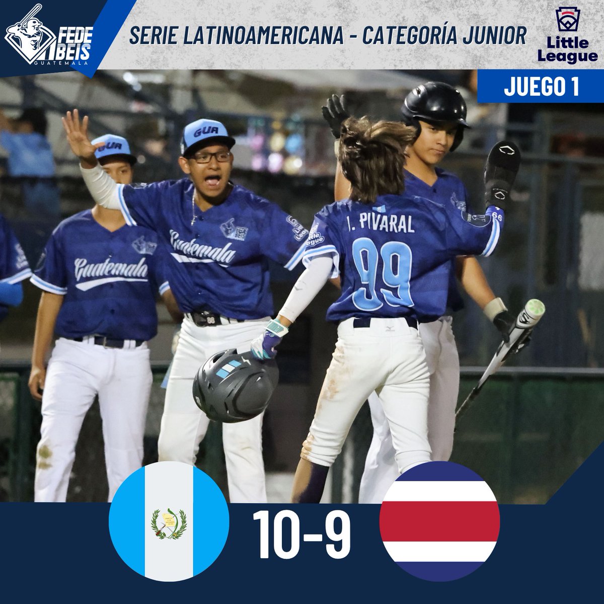 FedebeisGUA's tweet photo. Guatemala 🇬🇹 suma su primera victoria en la Serie Latinoamericana de Pequeñas Ligas - Categoría Junior ⚾️

Este domingo (10:30), la novena nacional enfrentará a su similar de Colombia 🇨🇴. #SomosFedebeis https://t.co/1ZKoiwcthP