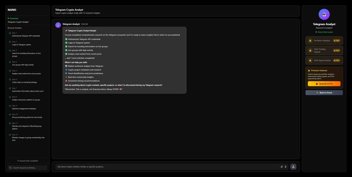 NanoSwarmAI's tweet photo. Telegram Analyst (Dev Live)

Swarm is tracking token mentions, keyword spikes, and early narratives across top crypto groups.

Dev version is already running.
Mainnet soon.

#NanoSwarm #TelegramIntel #CryptoTool