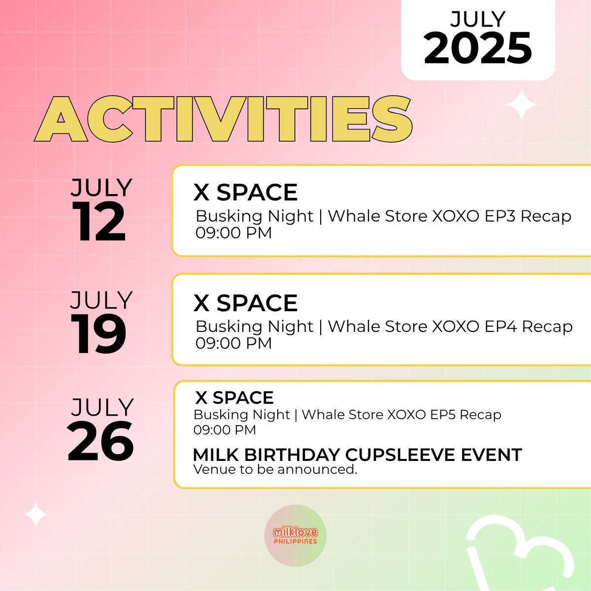 milklove_PH's tweet photo. 📢 Mark Your Calendars!

Check out MILKLOVE PH's upcoming activities this July 2025!
Stay tuned for updates.
.
Notice: Cupsleeve event will be held on Saturday to ensure maximum attendance.

#MilkLove #มิ้ลค์เลิฟ #MLPH https://t.co/QpghVw0ypc