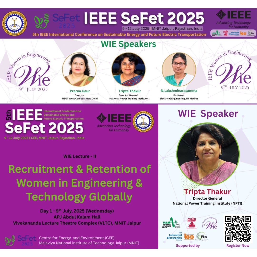 Dr. Tripta Thakur, Director General, NPTI, will be delivering a keynote WIE Lecture on "Recruitment &amp; Retention of Women in Engineering &amp; Technology Globally" at the 5th IEEE SeFet 2025 International Conference being held at MNIT Jaipur.

Date: 9th July, 2025
Venue: MNIT Jaipur