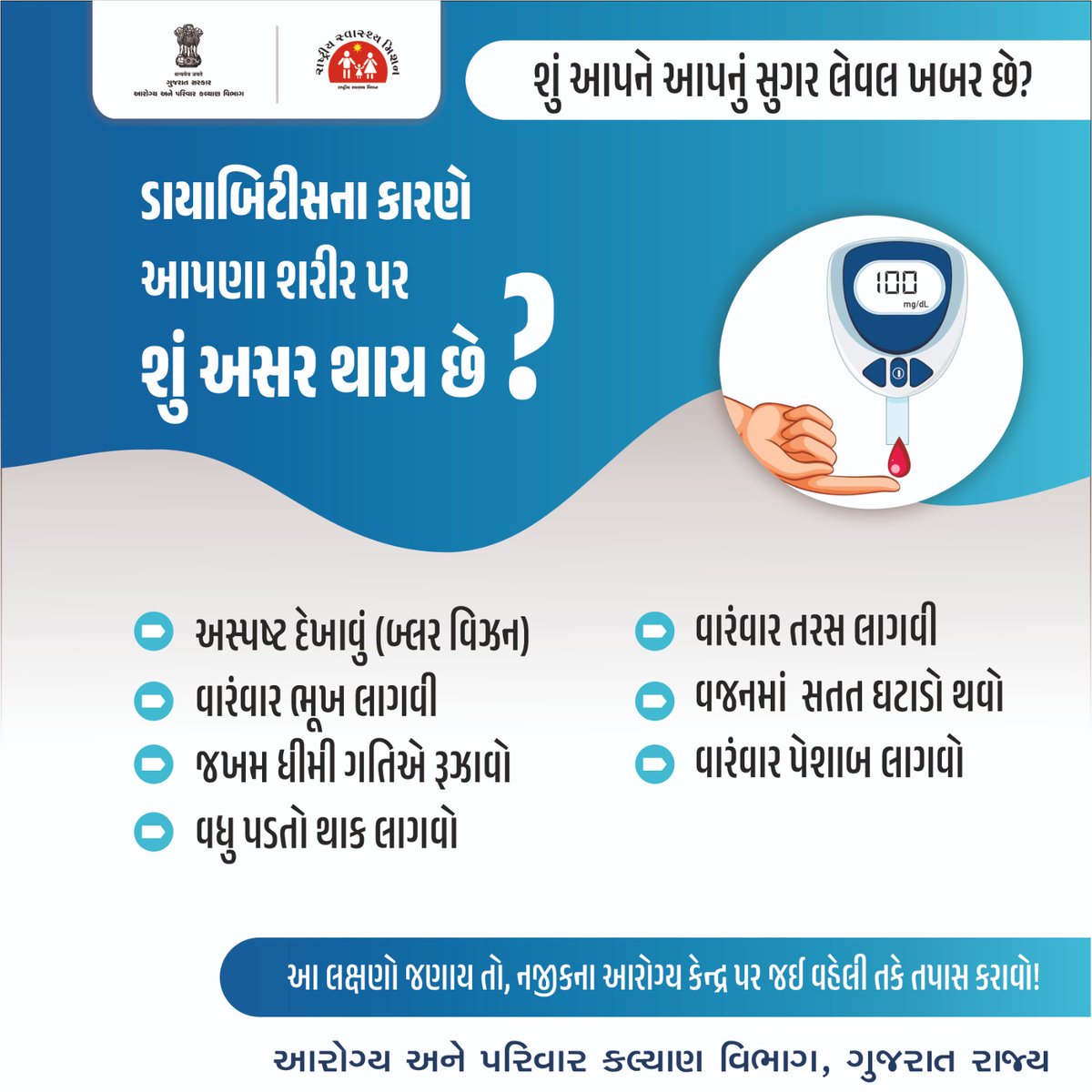 HealthDeptGuj's tweet image. ડાયાબિટીસ ચૂપચાપ શરીરને હાનિ પહોંચાડે છે. શું તમારું સુગર લેવલ તમે જાણો છો? જો આપની ઉંમર ૩૦ વર્ષ કે તેથી વધુ હોય તો વર્ષમાં એકવાર અવશ્ય સુગર ચેક કરાવો. અને આવા કોઈ લક્ષણો દેખાય, તો તપાસ કરાવવી એ સમજદારી છે! 
#KnowYourSugarLevel #DiabetesAwareness #HealthyGujarat #CheckUpKaravo