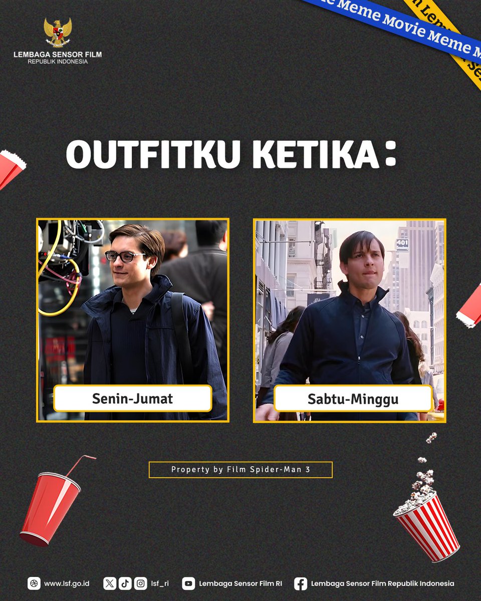 Halo Sahabat Sensor Mandiri! 

Siapa nih di sini yang weekend-nya lebih modis dan trendy kayak Spider-Man daripada weekday-nya? Komen di bawah dong!

#GNBSM #LembagaSensorFilm #MemilahMemilihTontonan #BudayaSensorMandiri #SpiderMan #TobeyMaguire