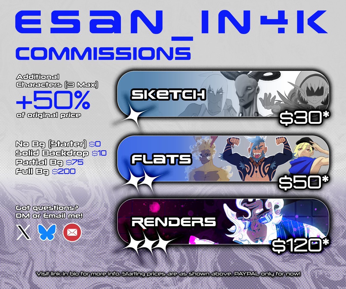 I've created a new comms sheet and launched a new carrd link. If you're interested, please take a look!!! Currently accepting 5 slots.