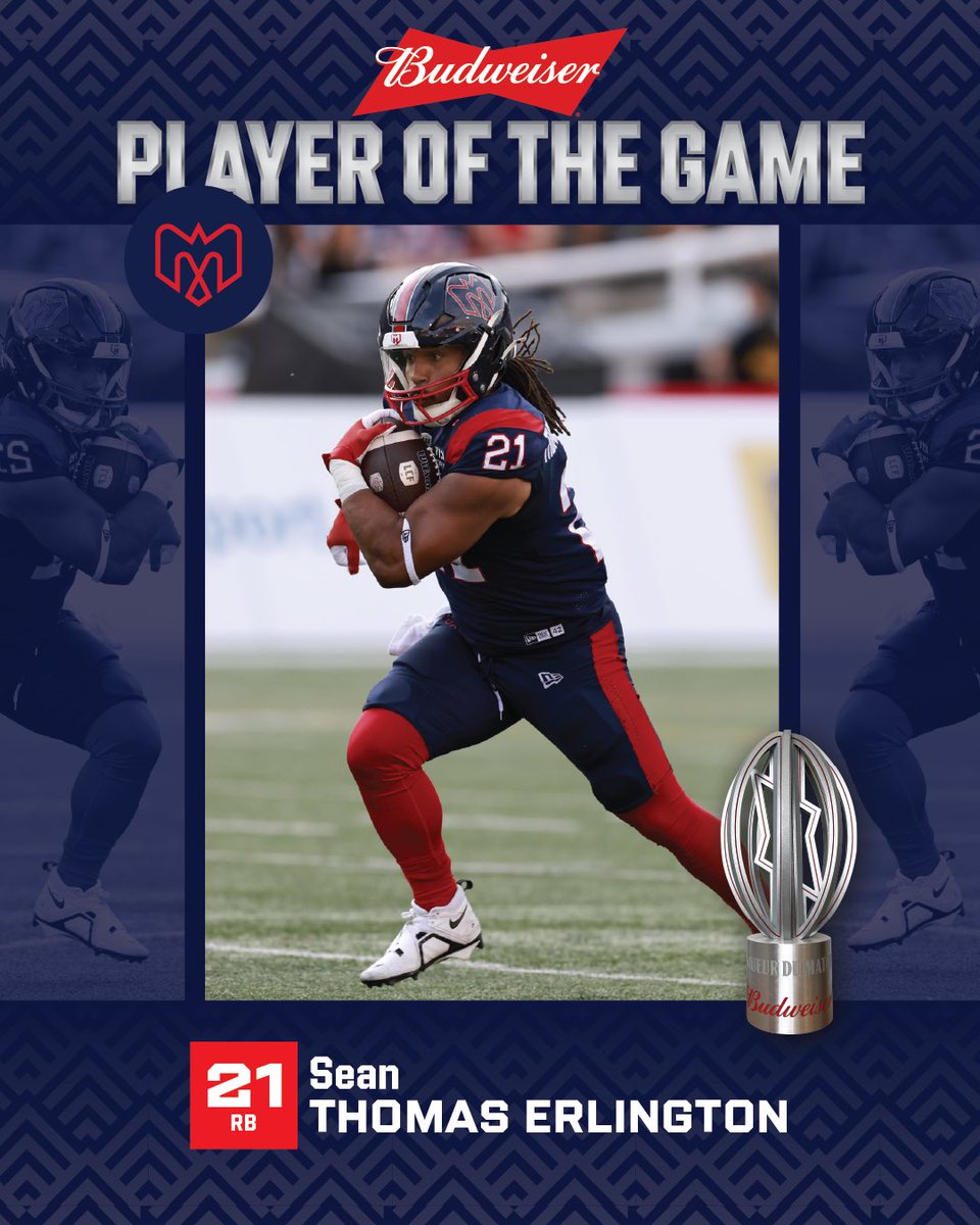 Alouettes de Montréal (@mtlalouettes) on Twitter photo Après son 100e match en carrière et 98 verges de jeux, Sean Thomas Erlington est votre joueur du match <a href="/Budweiser/">Budweiser</a> 💪🏼
—
After his 100th career game and 98 yards of offense, Sean Thomas Erlington is your <a href="/Budweiser/">Budweiser</a> Player of the Game 💪🏼 Après son 100e match en carrière et 98 verges de jeux, Sean Thomas Erlington est votre joueur du match <a href="/Budweiser/">Budweiser</a> 💪🏼
—
After his 100th career game and 98 yards of offense, Sean Thomas Erlington is your <a href="/Budweiser/">Budweiser</a> Player of the Game 💪🏼