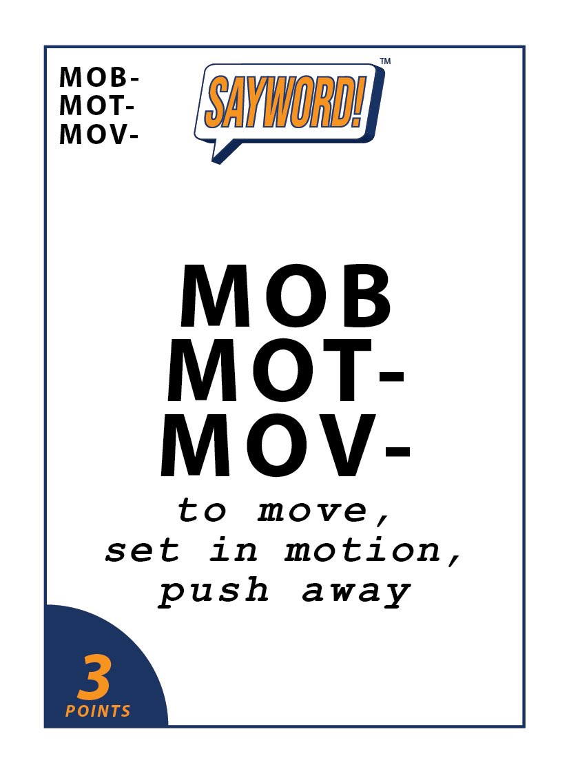 saywordgame's tweet image. 1) Comment with a word containing “MOB/MOT/MOV” meaning “MOVE” or “SET IN MOTION”. No Repeats!
2) Tag the next player. No tag-backs!
3) For a chance to win a free copy of SAYWORD! , like, follow, & repost (not quote)! (Previous winners also eligible) #giveaway #clearthelist…