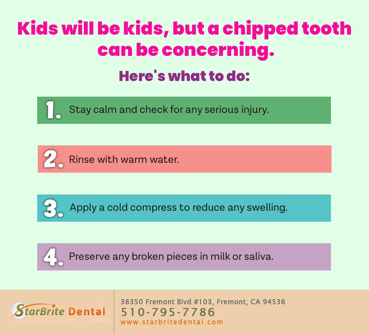 Accidents happen quickly, but don`t let a chipped tooth dim your child`s happiness. Follow these steps to keep your child’s smile bright and healthy. #chippedtooth #dentalcare #pediatricdentist #fremont #CA #starbritedental