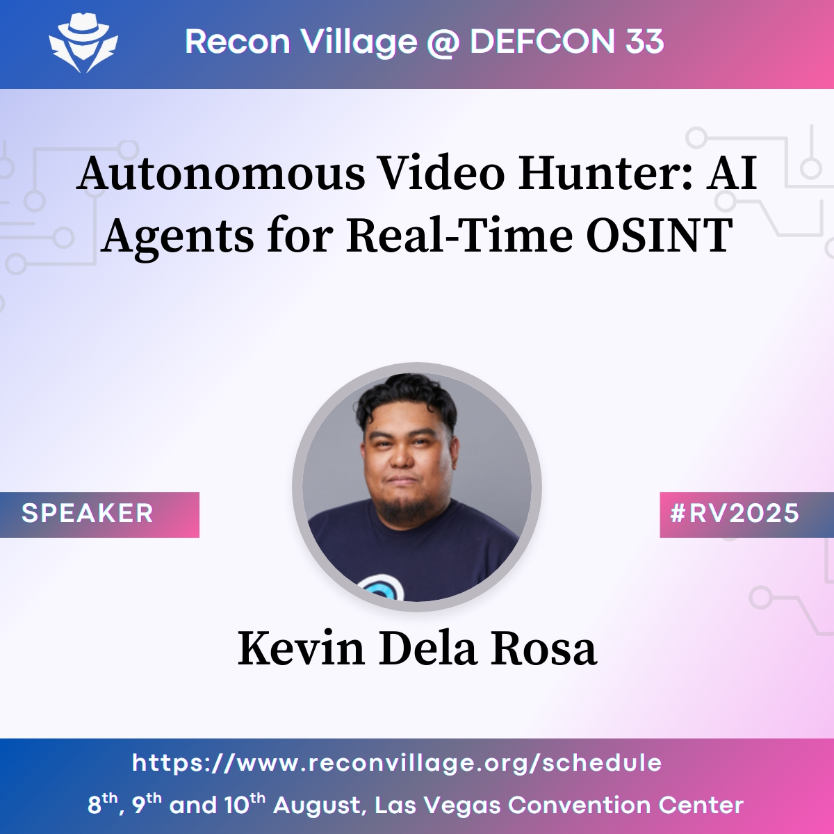 Recon Village (@reconvillage) on Twitter photo 📢Talk Announcement: "Autonomous Video Hunter: AI Agents for Real-Time OSINT" by <a href="/kdrwins/">Kevin Dela Rosa ✈️ KDD 2025</a>!
Learn how real-time video analysis with AI can reveal critical clues faster than any human analyst - plus get a demo and OSS tool!
🎤 Aug 8-10, 2025 ReconVillage
#OSINT #AI 📢Talk Announcement: "Autonomous Video Hunter: AI Agents for Real-Time OSINT" by <a href="/kdrwins/">Kevin Dela Rosa ✈️ KDD 2025</a>!
Learn how real-time video analysis with AI can reveal critical clues faster than any human analyst - plus get a demo and OSS tool!
🎤 Aug 8-10, 2025 ReconVillage
#OSINT #AI