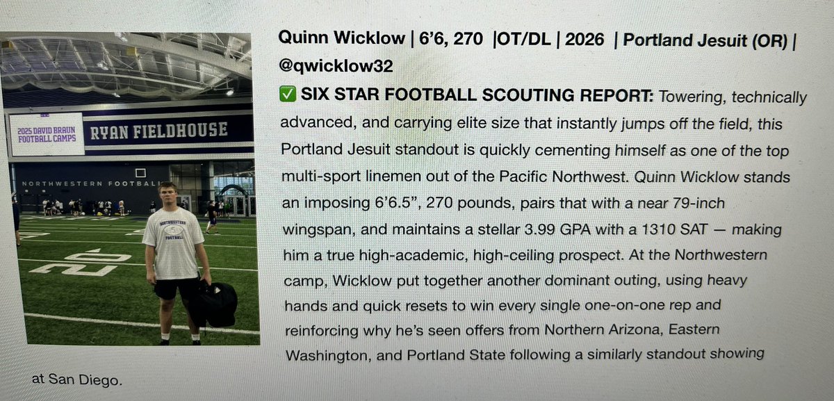 qwicklow32's tweet image. Really appreciate the write up from @sixstarfootball Loved getting out to the @NUFBFamily Showcase earlier this summer! @jhspdxfootball @B12PFootball @OAPLC @JordanJ_ @BrandonHuffman @AndrewNemec @CoachRich74