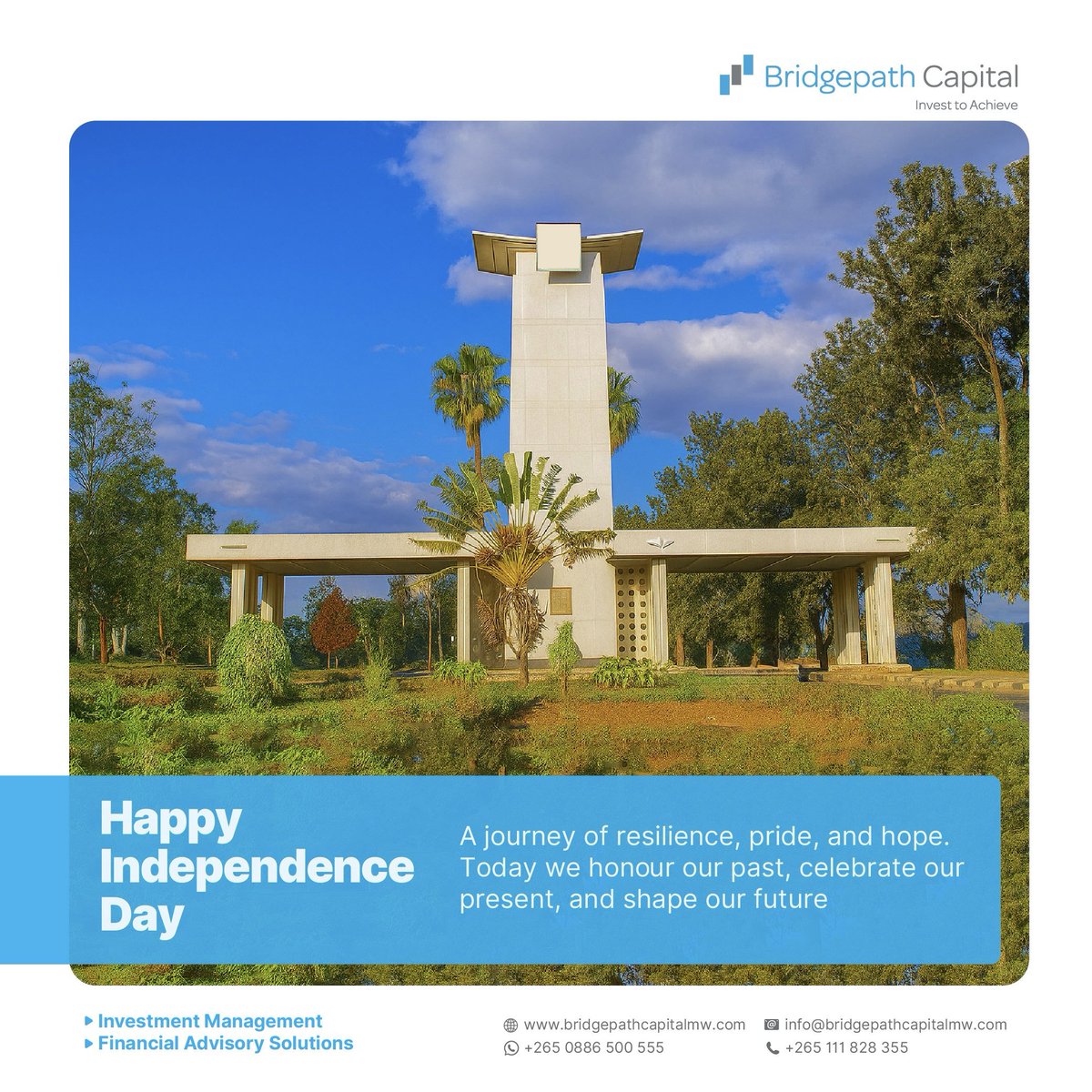 BridgepathCap's tweet photo. Happy Independence Day!
#BridgepathCapital #InvestmentWithUs #InvestmentOpportunities #IndependenceDay #Malawi https://t.co/1XSK2eG4cc