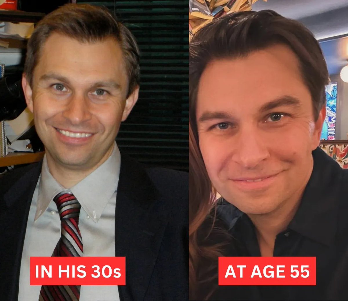 Meet the 55-year-old man who looks decades younger.

Harvard Genetics Professor, David Sinclair.

The world’s leading anti-aging authority.

Here are his controversial secrets to look younger &amp; extend your life:

1/ Exercise until you’re out of breath
