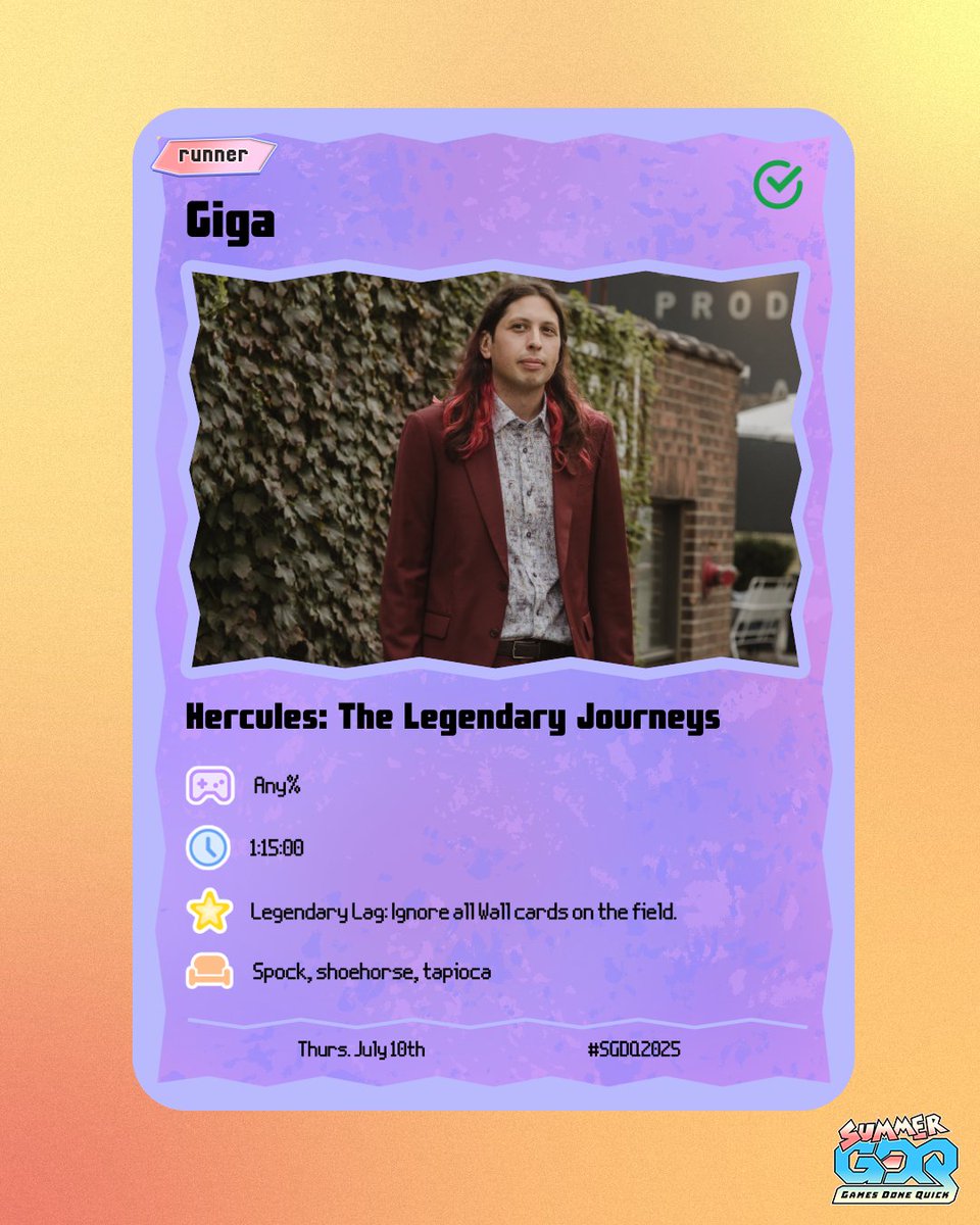 Headed out to #SGDQ2025 tomorrow! It'll be my fourth GDQ attending, but first one as a runner.

10 years almost to the day since my first stream went live with a Luigi's Mansion speedrun, I'll be running Hercules: The Legendary Journeys at Summer Games Done Quick! Neat