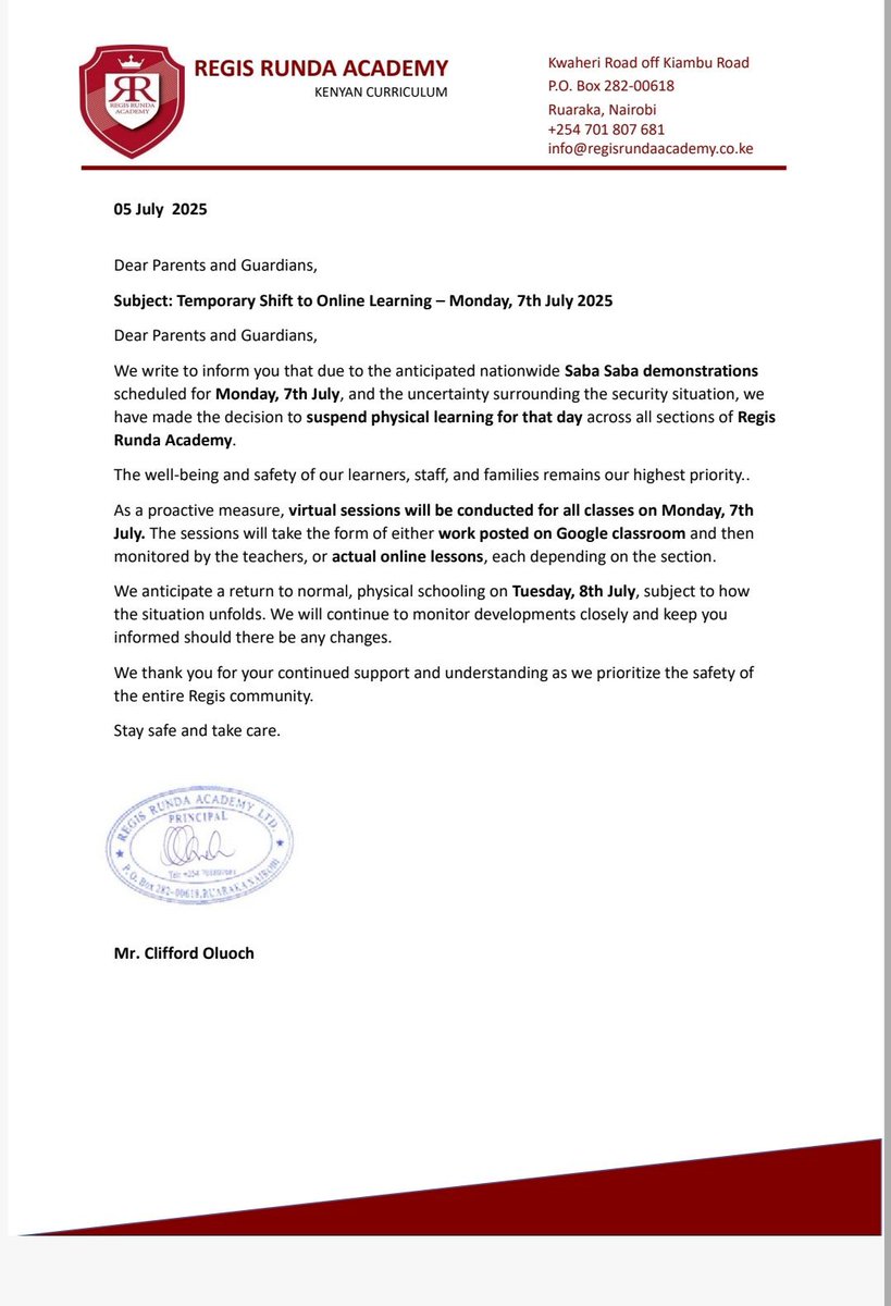 🚨 BREAKING: REGIS RUNDA ACADEMY SUSPENDS PHYSICAL CLASSES OVER SABA SABA PROTESTS #77NiNumbers