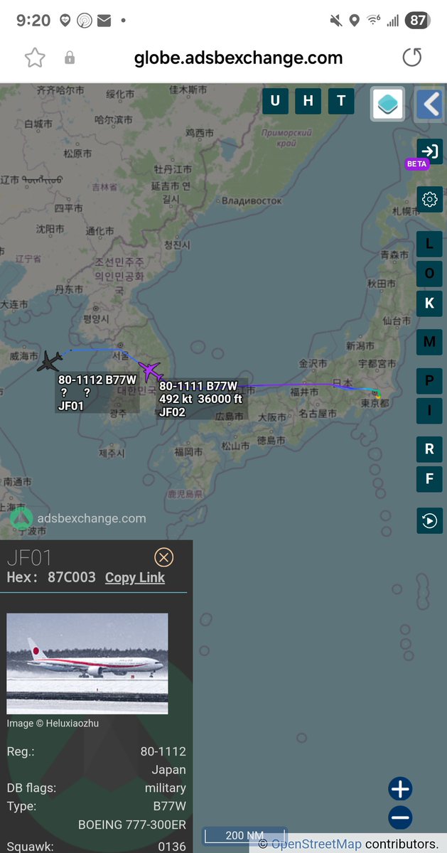 Borrowed7Time's tweet photo. Japan Govt B777-300(ER) x2 out of Tokyo, tracking toward China. PM Shigeru Ishiba is on board.
80-1111 #87C002 JF02
80-1112 #87C003 JF01
@sipjack1776 https://t.co/6GkPCt8t9F