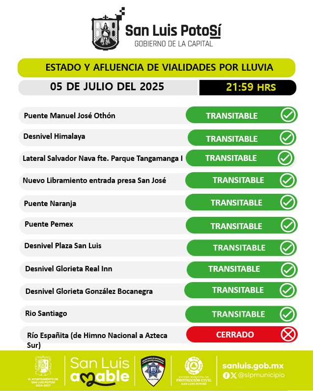 🟡⚫️#ReporteVial 

Atención ‼️ 

Se reporta cierre vial en Río Españita en el tramo de las calles Juan de Dios Peza y Valparaiso por escurrimientos de agua.

Se coloca señalamientos restrictivos de paso, evita retirarlos.