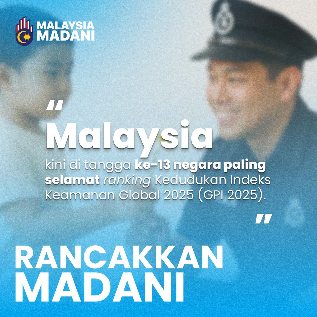 🇲🇾 Malaysia Di Tangga ke-13 Negara Paling Selamat di Dunia — Bukti Kejayaan Reformasi MADANI! 🛡️

Ini bukan sekadar angka. Ia adalah pengiktirafan antarabangsa terhadap usaha berterusan Kerajaan MADANI dalam memperkukuh keselamatan, ketenteraman dan kesejahteraan rakyat.