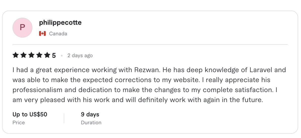 Rez1Pro's tweet photo. 💬 “Deep knowledge of Laravel… delivered exactly what I needed.”
Another happy client, another 5⭐️ for a Laravel bug fix &amp; update task!
🔧 Need expert help with your Laravel project?
👉 https://t.co/zayQ98i3eO
#Laravel #BackendDev #BugFixing #FiverrDev #WebDev #PHPDeveloper https://t.co/pcG05ylEyj