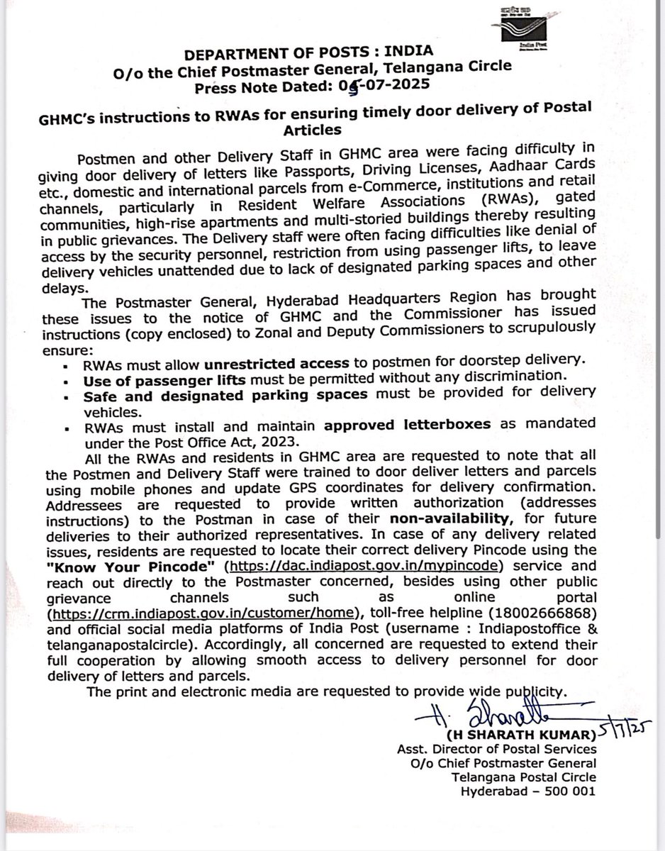 NewsMeter_In's tweet image. #Hyderabad----

Big relief for #Hyderabad postmen

@GHMCOnline orders all #gatedcommunities &amp;amp; #apartments to allow #postmen unrestricted entry, use of lifts, and parking access to ensure smooth delivery of #passports, #Aadhaar cards &amp;amp; other documents.

“Uphold dignity of public…