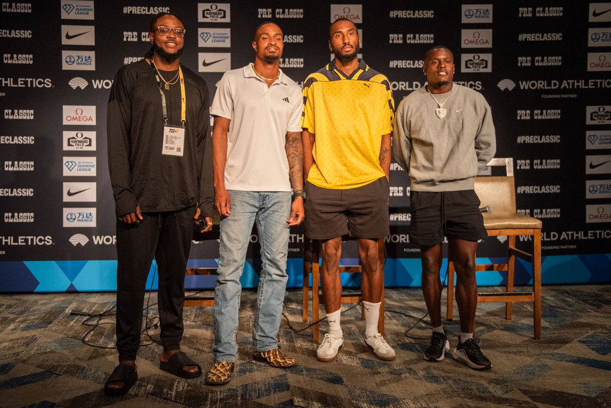 RunBlogRun's tweet image. 2025 NIKE Pressers, Day 1, Presser 1, The Sprints, Men: Christian Coleman, Matthew Hudson-Smith, Quincy Hall and Kishane Thompson runblogrun.com/2025/07/2025-n… , photos by Brian Eder for RunBlogRun, #NIKEPre, #NIKEPreClassic, #sprints, #trackandfield,