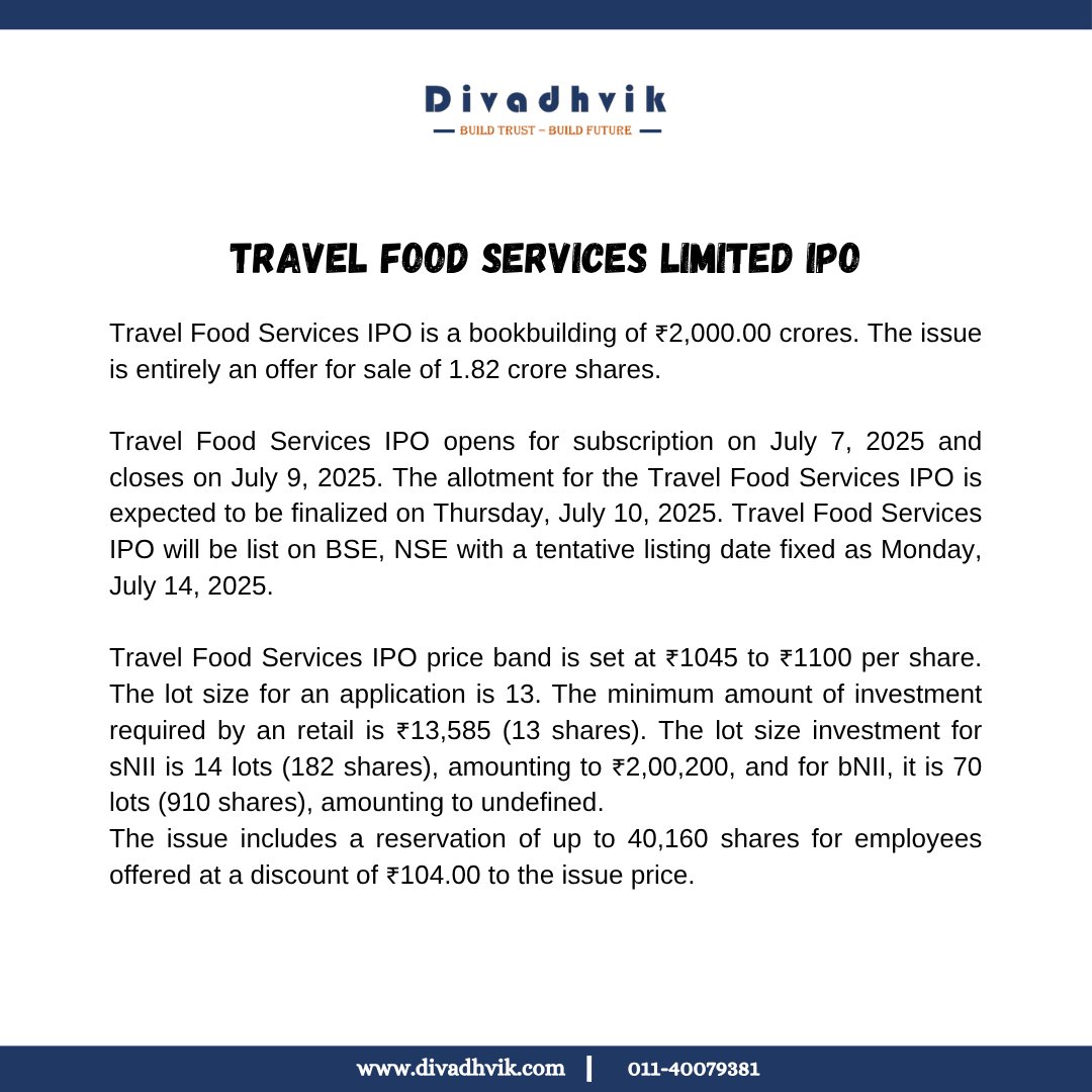 divadhvik's tweet image. 🍽️✈️ Travel Food Services Limited IPO is Open!

✅ Know the IPO details
✅ Analyze the opportunity
✅ Invest smartly with Divadhvik App

👉 Start your IPO journey today! 

#FinancialFreedom #DivadhvikApp