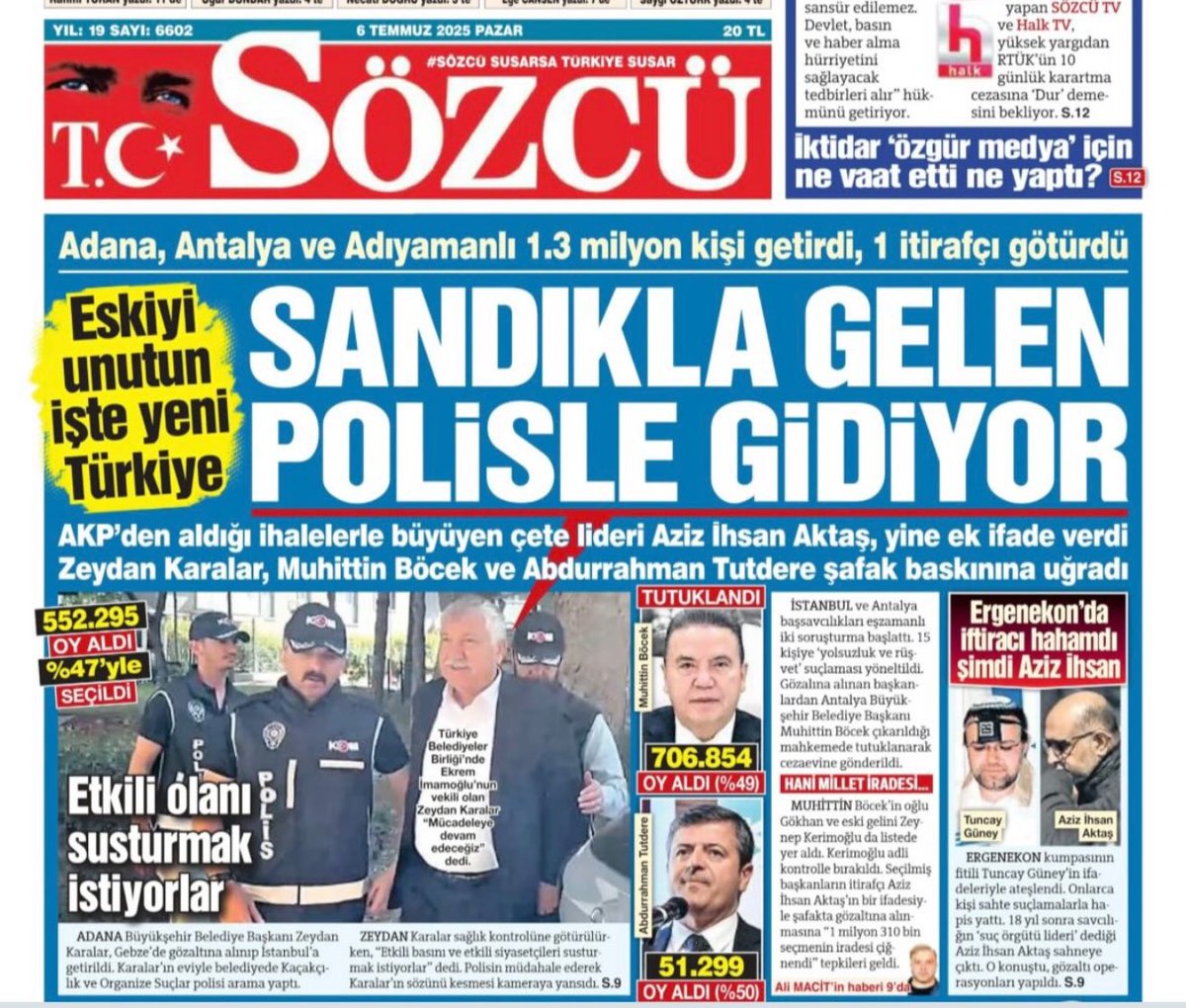 Sözcü Gazetesi’nin manşeti:

“Adana, Antalya ve Adıyamanlı 1.3 milyon kişi belediye başkanlarını seçti, 1 itirafçı götürdü.

Antalya: 706.854 (%49)
Adana: 552. 295 oy (%47)
Adıyaman: 51.299 oy (%50)”

Sözcü-Ali Macit