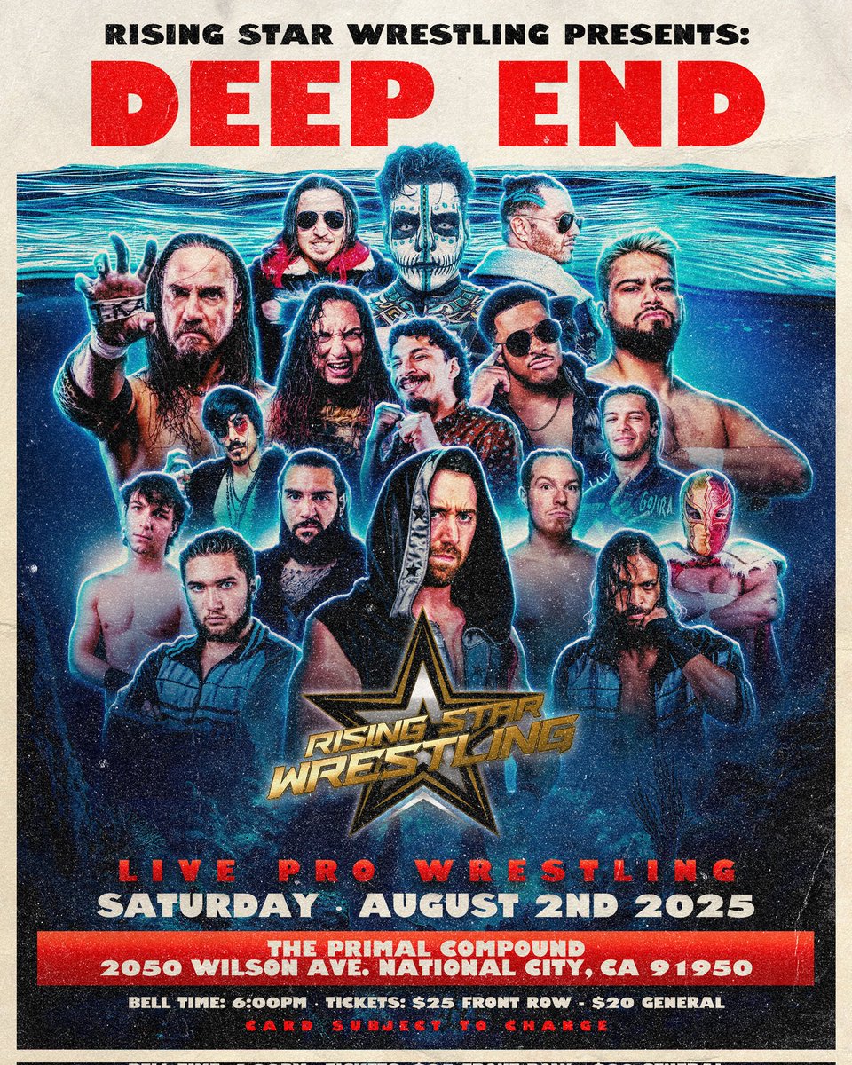 Live Pro Wrestling!

Rising Star Wrestling presents DEEP END!

Main event announced, the returning YASSIN KHAN takes on TYLER BATEMAN!
—
August 2nd, 2025
Bell Time - 6PM
—
Primal Compound 
2050 Wilson Avenue
National City, CA 91950
