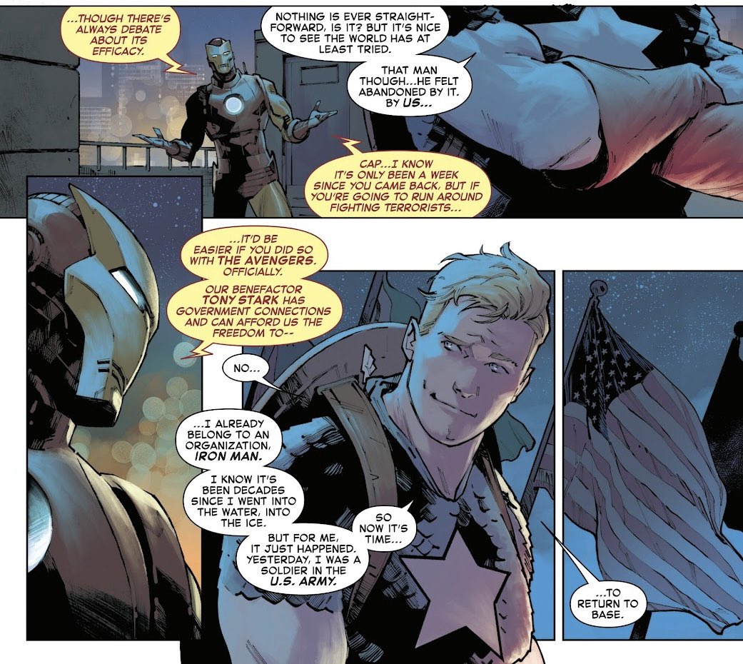 DMBlinded's tweet image. Chip Zdarsky’s Captain America has shifted up the 616 timeline. The Avengers now discover Steve post-9/11, and the series is setting up a new ginger Captain America who was active during the Iraq War. It’s basically Captain America: Year One. 🤷♂️