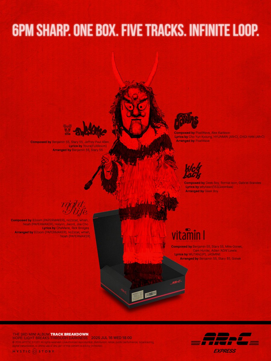 ARrC (아크) [𝗛𝗢𝗣𝗘] Track Breakdown

'𝙖𝙬𝙚𝙨𝙤𝙢𝙚'

ARrC the 3rd mini album [𝗛𝗢𝗣𝗘] 
👹2025.07.16 WED 6PM KST

#ARrC #아크 
#HOPE #awesome 
#COMEBACK #250716_6PM