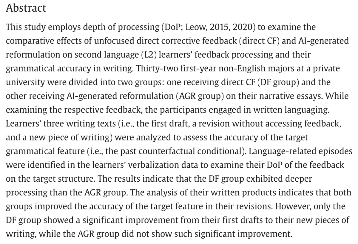 🌸Publication alert🌸
Fujisawa, Y., &amp; Shintani, N. (2025). Comparative Effects of Direct Written Corrective Feedback and AI-Generated Reformulation on Second Language Learners’ Depth of Processing and Grammatical Accuracy. System
doi.org/10.1016/j.syst…
Congratulations!