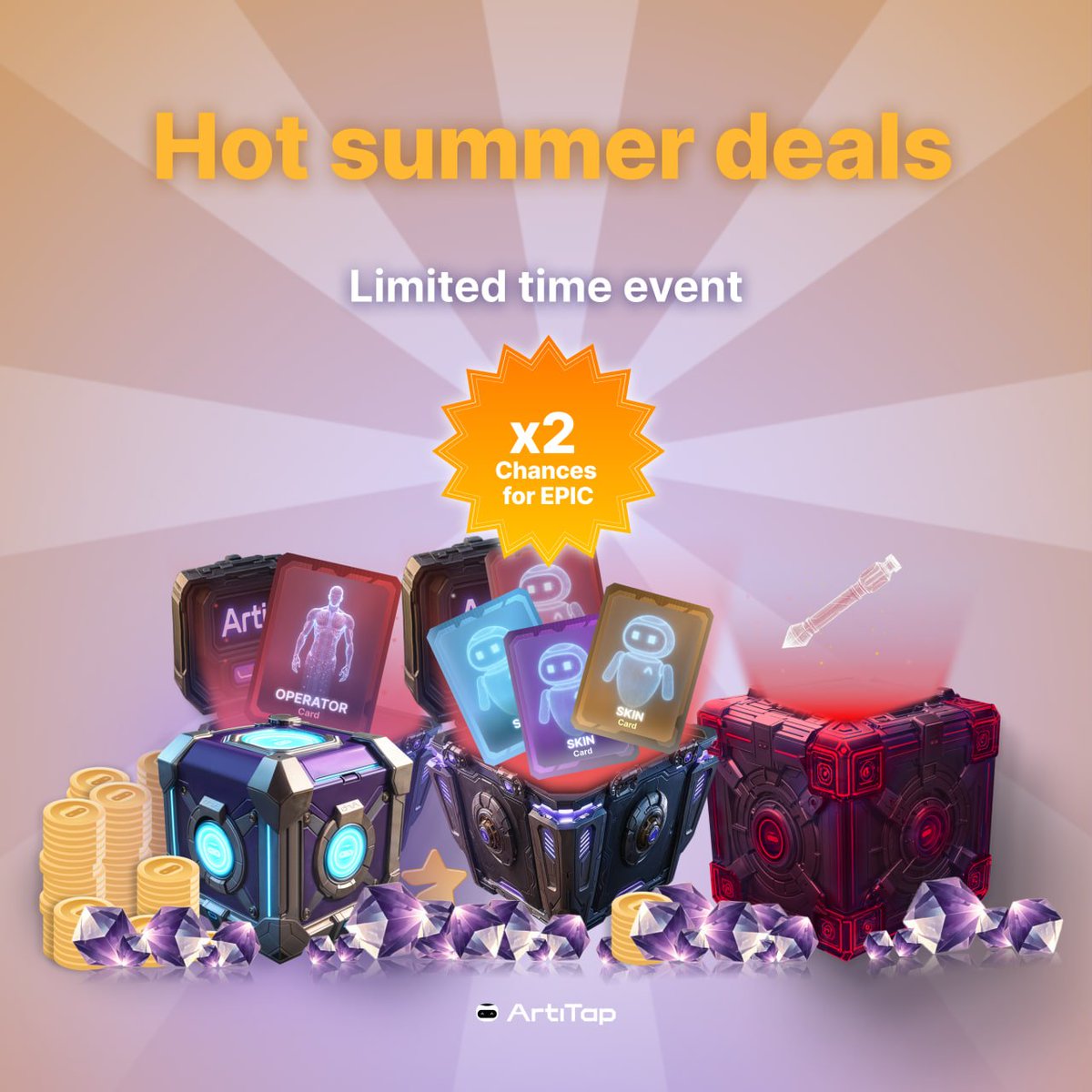 🔥 Hot Summer Event in ArtiTap! 🔥

⭐ Special offers are now live in the store.

🤑 Prices for items bought with in-game coins — reduced
🟣 Event packs and cards — now discounted
🗡 x2 chance for EPIC drops in Skin and Weapon Skin packs
🤝 Don’t miss out — limited-time only!