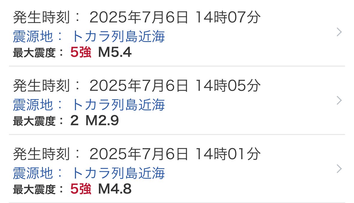 トカラ列島、直近7分間で2回の震度5強