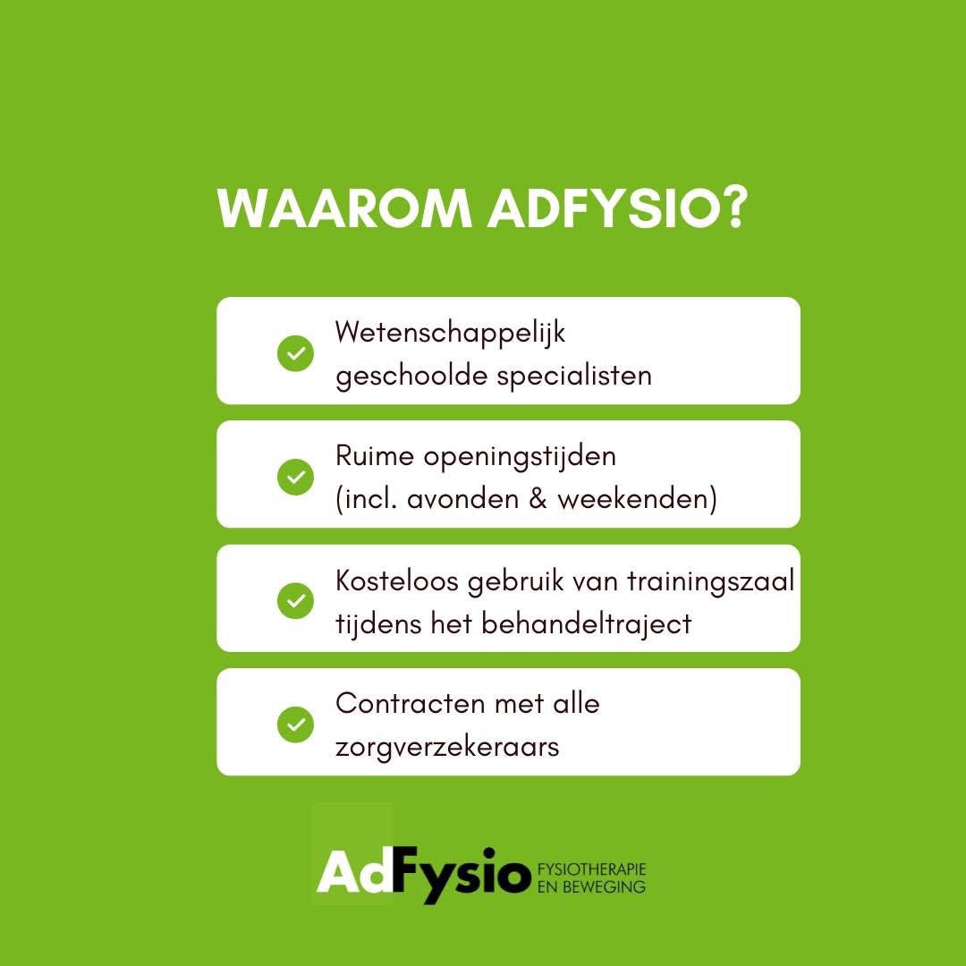 ✅ Waarom kiezen voor AdFysio?
Omdat kwaliteit, toegankelijkheid en persoonlijke begeleiding bij ons voorop staan.

✔️

Maak vandaag nog een afspraak! 

adfysio.nl/contact/

#AdFysio #Fysiotherapie #WaaromAdFysio  #BeweegZonderPijn #Trainingsbegeleiding #Avondspreekuur