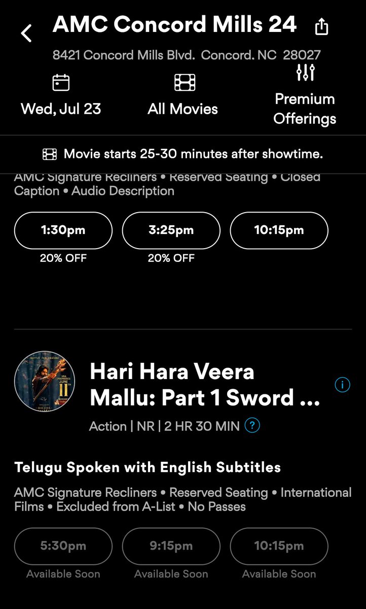 AMC Shows anni listed ve ga 

Even Regal kuda  

Just regal commercial center NJ  opened andulone booked ahh tickets 

Rest Listed ehh unnay shows 

Full fledged 10th July Open IG

#HariHaraVeeraMallu