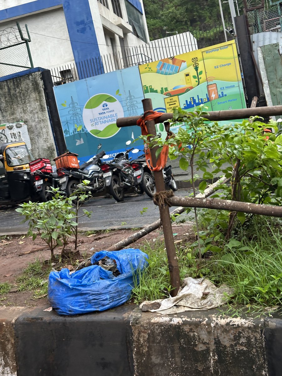 Is this a unique way of using old flags? I found this funny that these people have used party flags to tie the bamboos! Can’t they find ropes/other material that may be long lasting.
At Vikhroli Powai Road near Tata Power, Powai.