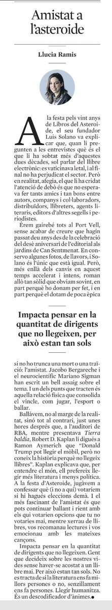 CarmeFenoll's tweet photo. "No es tracta de si la literatura ens fa millors persones o no, senzillament ens fa persones. Llegir humanitza." #LV 
Avui dg 6 de juliol a les 12h, la Llucia Ramis ens farà de #LlibreterVIP a Calonge @pobledellibres. Animeu-vos a venir!! https://t.co/JpttjLADnu