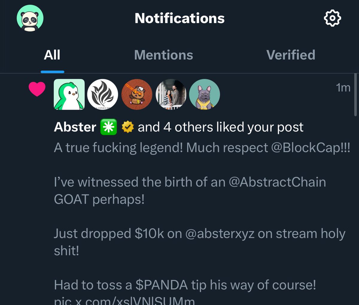 PandaMania (@pandamania_nft) on Twitter photo Thank you for the like <a href="/absterxyz/">Abster โณ๏ธ</a> I love you ๐ ๐ผ ๐
I will buy more of you again soon and please donโt check my agw right now I need to get right first and will make you proud one day haha๐ Thank you for the like <a href="/absterxyz/">Abster โณ๏ธ</a> I love you ๐ ๐ผ ๐
I will buy more of you again soon and please donโt check my agw right now I need to get right first and will make you proud one day haha๐