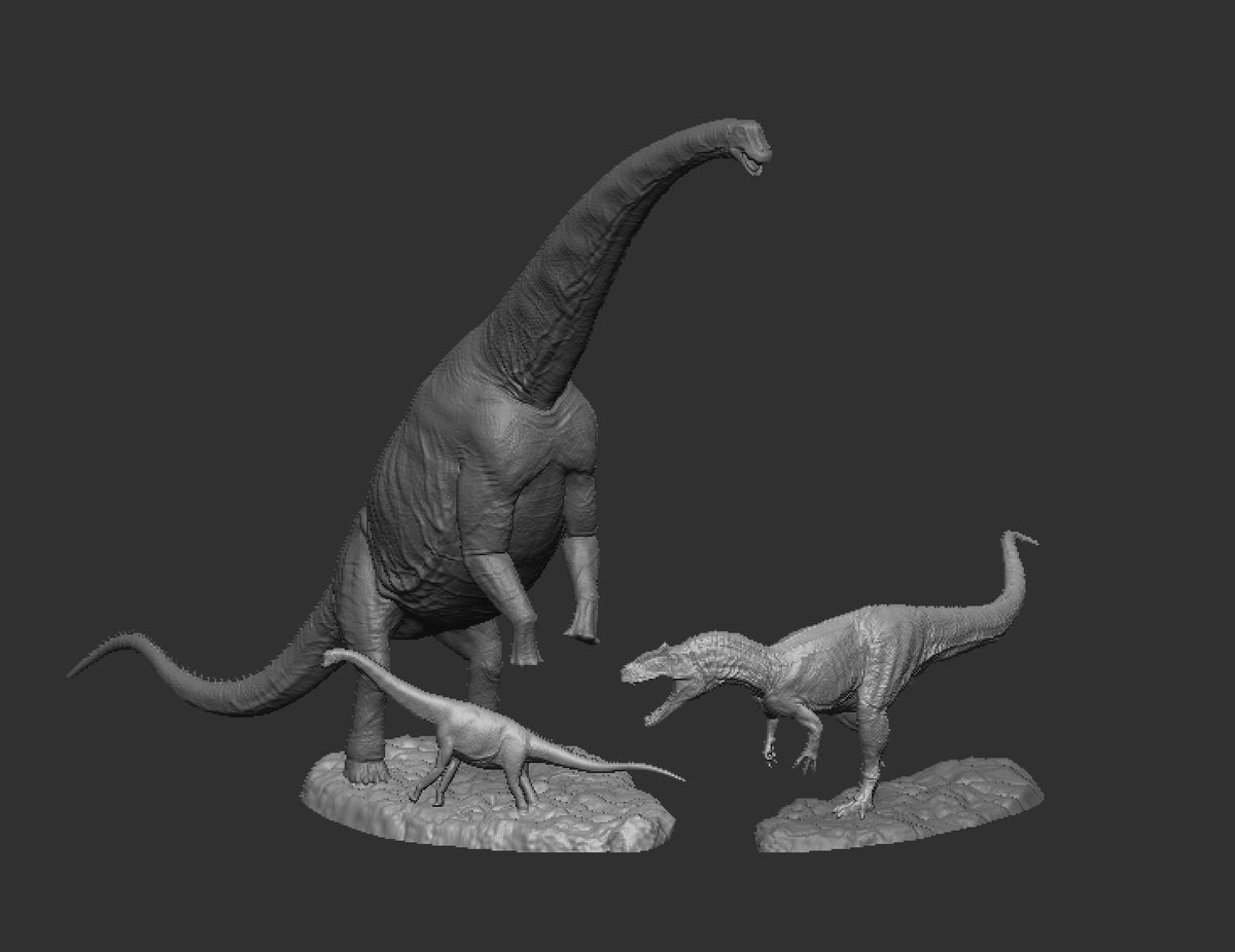 YukiTsukimura's tweet image. ブラキオサウルスVSアロサウルス
ベースはそれぞれに分けることと、幼体は決まった位置を設けないことで、3体の位置関係はお好きな配置にアレンジ可能です。
自分なりのストーリーを考えて配置して楽しんでください。