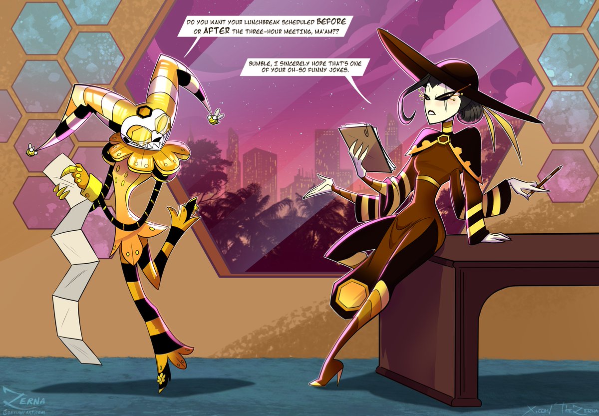 TheZerna's tweet photo. In which Ari is TRYING to get important work done, but Bumble is being mildly annoying about her productivity levels. Ah well, at least he is funny.
Long-overdue comm for GrellsLover on DA! #Helluvaboss #Fizzbot https://t.co/Wd8j7WyHwc