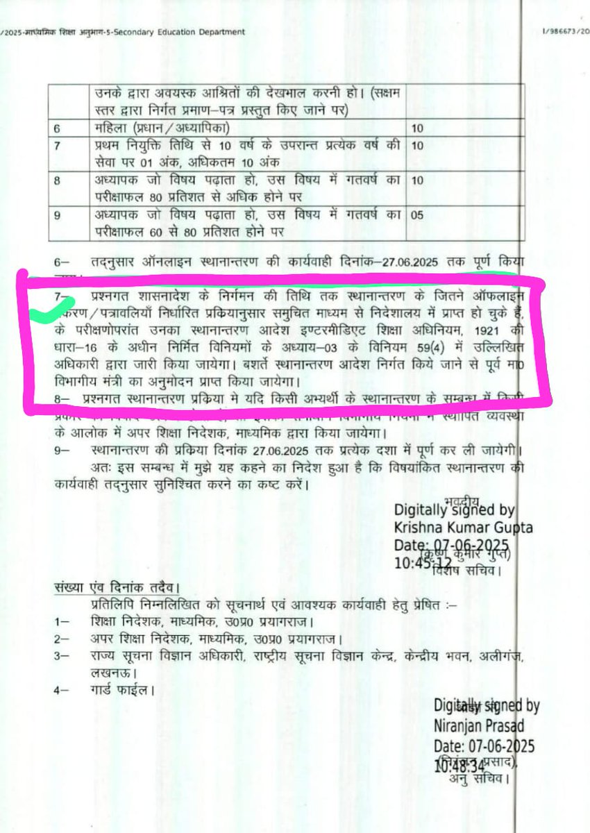 upmssekjut's tweet photo. आदरणीया माध्यमिक शिक्षा मंत्री श्रीमती @gulabdeviup जी शिक्षक आपसे उम्मीद लगाये बैठे हैं कि आप निम्न बिन्दुओं पर आवश्यक कार्यवाही करेंगी ।

1.शासनादेश संख्या- 15-5099 / 79 / 2025 माध्यमिक शिक्षा अनुभाग-5, दिनांक 07 जून 2025 के बिन्दु 7 में निर्धारित प्रक्रिया के अनुसार समुचित माध्यम से निदेशालय में प्राप्त हो चुकी आफ़लाइन स्थानांतरण पत्रवलियों के स्थानांतरण आदेश तत्काल निर्गत किया जाय । 
2.आफ़लाइन स्थानांतरण पत्रवली जमा करने हेतु कोई तिथि निर्धारित नहीं थी, 07 जून को शासनादेश निर्गत होने के बाद प्रक्रियाधीन आफ़लाइन स्थानांतरण पत्रवलियों को जिला विद्यालय निरीक्षक कार्यालयों/सं��ुक्त शिक्षा निदेशक कार्यालयों में रोक दिया गया है जिसके कारण प्रबन्ध समितियों से एनओसी प्राप्त कर चुके सैकड़ों शिक्षक अधर में फंस गए हैं ।  अतः सहानुभूति पूर्वक विचार करते हुए उन्हे भी स्थानांतरण का मौका प्रदान किया जाय ।
3.भविष्य में इस तरह का संकट उत्पन्न न हो इसके लिए अभी से किसी भी स्तर पर आफ़लाइन स्थानांतरण पत्रवलियों के अग्रसारण पर प्रभावी रोक लगायी जाय और अग्रिम सत्र से केवल दोनों फरफ से एनओसी रहित आनलाइन स्थानांतरण किया जाय ।
@JagranNews @AmarUjalaNews @UPGovt @ChiefSecy_UP