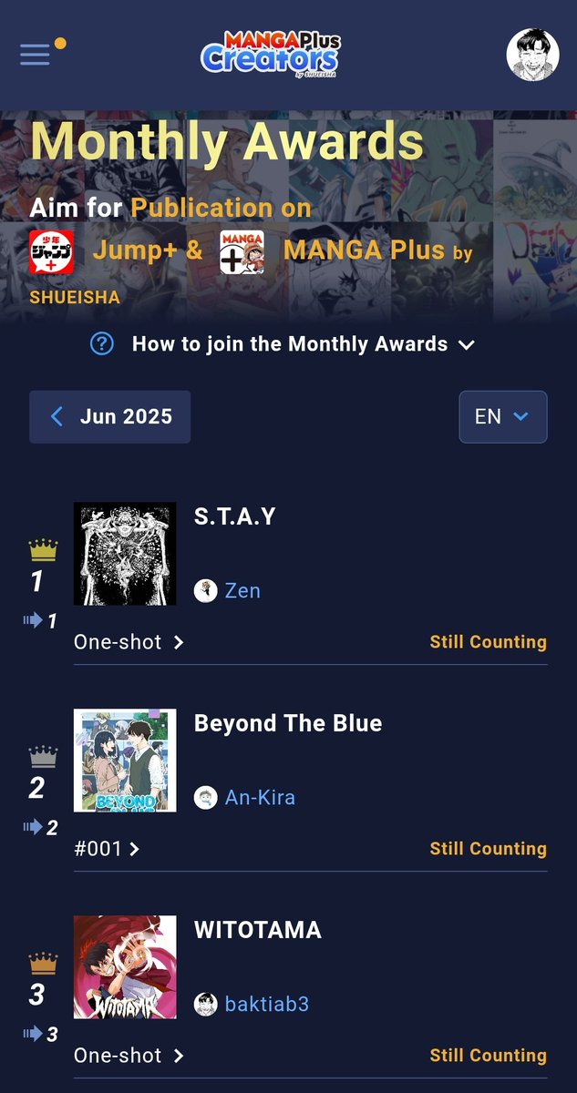 Baktiab3's tweet image. Wah ternyata masuk Monthly Award!
Lumayan, untuk sementara dapet posisi ke 3✨
Buat yang mau baca :
mangaplus-creators.jp/titles/w025070…