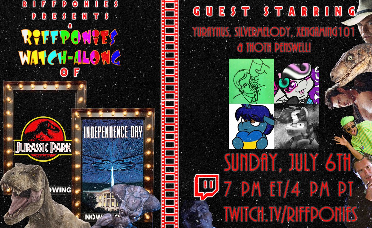 RiffPonies (@riffponies) on Twitter photo 🕖IN 1 HOUR!🕖
JOIN <a href="/YuRaynus/">⌬YuRaynus⌬</a> <a href="/DMelodybutt/">SilverMelody 🔜 EFNW🌲</a> <a href="/XENGaming101/">XENGaming101</a> & <a href="/ThothPenswell/">Thoth Penswell</a> for an night of 🏖️90s SUIMMER BLOCKBUSTERS!🏖️
It's a 🐴RIFFPONIES WATCH-ALONG🐴 of 🦖"JURASSIC PARK" (1993)🦖 & 🛸"INDEPENDENCE DAY" (1996)!🛸
🕖Starts in 1 HOUR at 7pm ET!🕖 🕖IN 1 HOUR!🕖
JOIN <a href="/YuRaynus/">⌬YuRaynus⌬</a> <a href="/DMelodybutt/">SilverMelody 🔜 EFNW🌲</a> <a href="/XENGaming101/">XENGaming101</a> & <a href="/ThothPenswell/">Thoth Penswell</a> for an night of 🏖️90s SUIMMER BLOCKBUSTERS!🏖️
It's a 🐴RIFFPONIES WATCH-ALONG🐴 of 🦖"JURASSIC PARK" (1993)🦖 & 🛸"INDEPENDENCE DAY" (1996)!🛸
🕖Starts in 1 HOUR at 7pm ET!🕖
