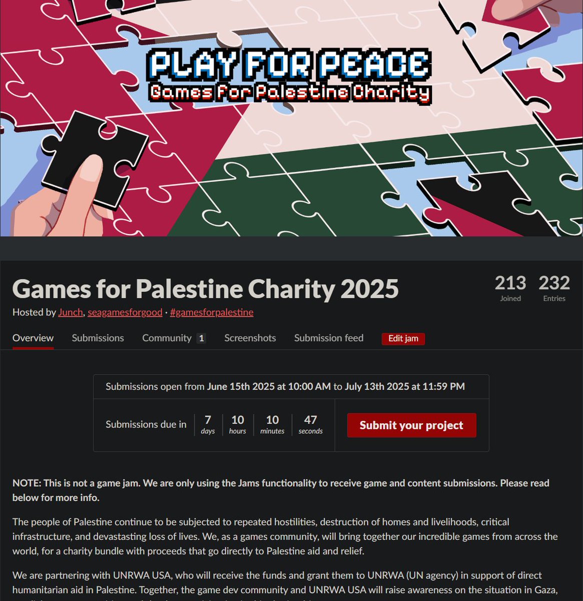 We're grateful for all the submissions and are still looking for more! We recently received feedback that some devs were confused if this was a game jam. 

No, we're only using the Itch Jams functionality to organize the bundle and will accept games of all types! Please donate!