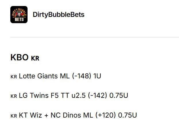 allcappersfreee's tweet photo. DAILY KBO FOR ALL OF YOU ‼️⚾️
#Dirtybubblebets
#Kimsvip (whale play 🐳)
#Bankrollbill (Max bet 🔨)
#Rbssportsplay
LG Twins +1.5 (1u)
Lots of big unit plays today🔥 https://t.co/o7ZD2HAjSb